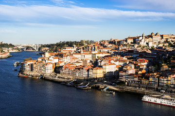Fototapeta na wymiar Porto city panorama with Douro River on a sunny day