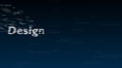 Deep blue background with different words, which deal with design. Blurred type super. Design contains a vast of words inside. Close up. Copy space. 3D.