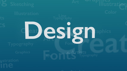 Light blue background with different words, which deal with design. Close up. Copy space. 3D.