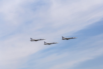 Group of airplanes in the sky. Air display.