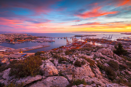View of Piraeus harbour in Athens from the foothills of Aegaleo mountains.