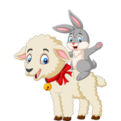 Cartoon cute bunny riding a lamb
