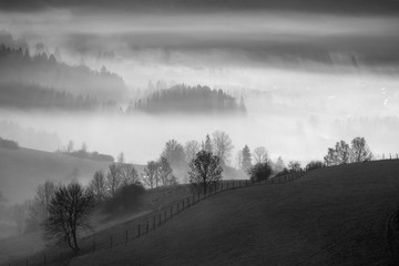 Foggy rural landscape in the northern Slovakia.
