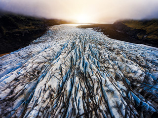 Aerial view beautiful scenery landscape of Svinafellsjokull Glacier in Vatnajokull National Park in Iceland.