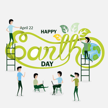 Business People Cartoon Character & Green Happy Earth Day Typographical Design Elements.Happy Earth Day Hand Lettering Icon.Happy Earth Day Logotype Symbol.Vector Illustration