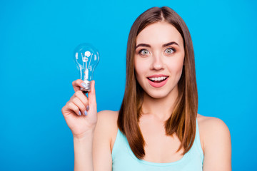 Close up photo beautiful amazing she her lady hold hands arms light bulb show symbolize candid intelligence dream dreamy nature wear casual tank top outfit clothes isolated blue bright background
