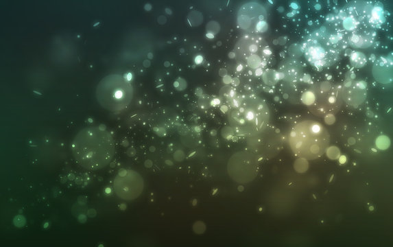 Green many glitter and soft light falling with bokeh effect on dark background