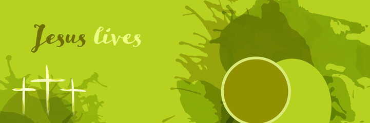 Christian worship and praise. Crosses and empty tomb in watercolor style. Text : Jesus lives