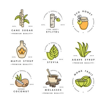 Vector set of logos, badges and icons for natural and organic products. Collection symbol of healthy products and sugar alternatives, natural substitutes.