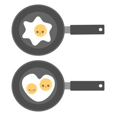 cute cartoon funny fried eggs on frying pan top view vector set illustration