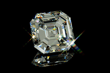 Asscher cut diamond on black glossy background.