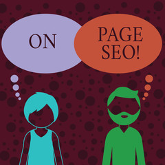 Conceptual hand writing showing On Page Seo. Concept meaning measures taken within website improve position search rankings Bearded Man and Woman with the Blank Colorful Thought Bubble