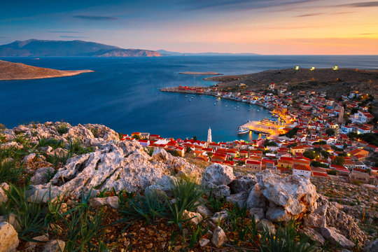 Village on Halki island in Dodecanese archipelago, Greece.