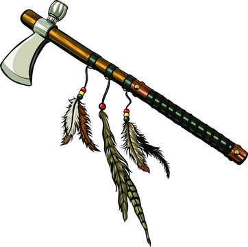 Axe peace pipe with feather vector illustration. Hand drawn indian symbol.