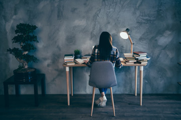 Rear back behind view of nice attractive brunette lady in checked shirt making finance company plan review report pile stack at industrial loft style interior work place station indoors