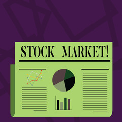 Writing note showing Stock Market. Business concept for collection markets exchanges where activities of buying selling Colorful Layout Design Plan of Text Line, Bar and Pie Chart