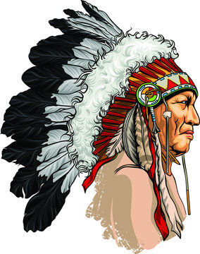Detailed, hand drawn, native american sitting bull vector portrait. Headdress with feathers indian chief of tribe.