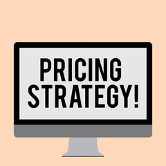 Word writing text Pricing Strategy. Business photo showcasing refers method companies use price their products services Blank White Computer Monitor WideScreen Mounted on a Stand for Technology