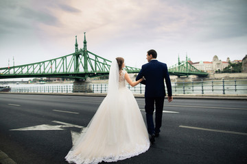 Obraz premium Young beautiful stylish pair of newlyweds near the river in Budapest