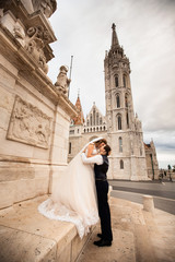 Young beautiful stylish pair of newlyweds by the Fisherman's Bastion in Budapest, Hungary