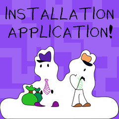Fototapeta premium Text sign showing Installation Application. Business photo text setup of computer program including device drivers Figure of Two Men Standing with Pouch Bag on White Sticker Style Snow Effect