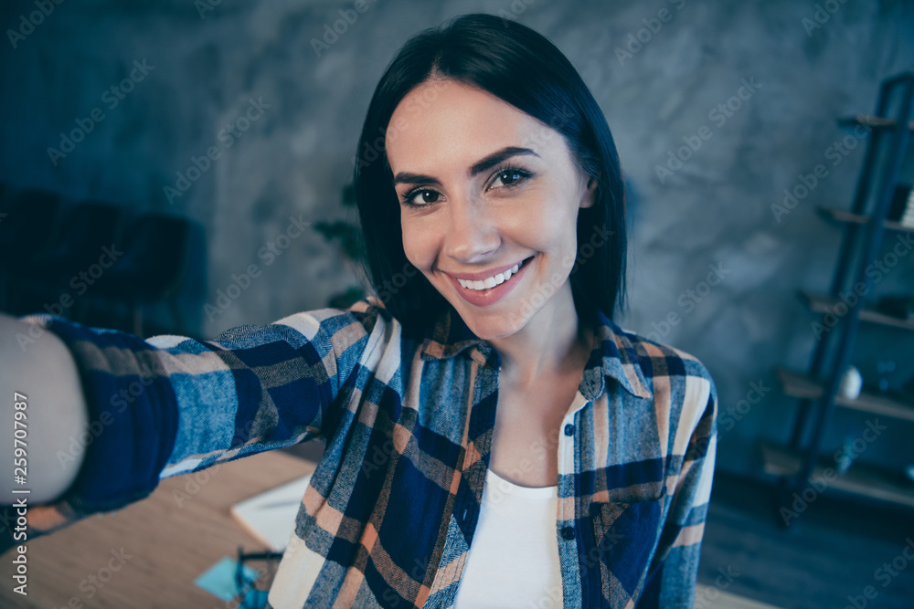 Wall mural Self-portrait of her she nice cute lovely attractive charming sweet cheerful brunette lady wearing checked shirt rest relax free time at industrial loft style interior work place station