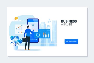 Businessman near phone with charts and diagrams. Data Analysis, Business Statistic, Management, Consulting, Marketing. Landing page template concept