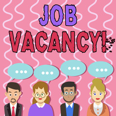 Text sign showing Job Vacancy. Business photo text announcing state of being empty or available job be taken Group of Business People with Blank Color Chat Speech Bubble with Three Dots