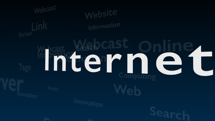 Deep blue background with different words, which deal with internet. Close up. Copy space. 3D.