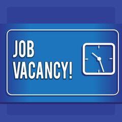 Writing note showing Job Vacancy. Business concept for announcing state of being empty or available job be taken Modern Design of Square Clock on Two Tone Pastel Backdrop