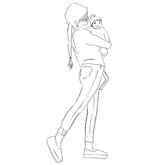 Outline sketch of a mother and child