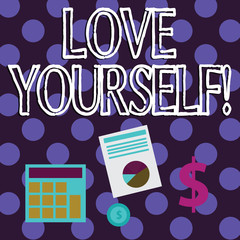 Conceptual hand writing showing Love Yourself. Concept meaning have self respect positive image and unconditional acceptance Dollar Investment in Gold and Presenting Data thru Pie Chart