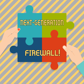 Text sign showing Next Generation Firewall. Business photo showcasing combining firewall with other network filtering Four Blank Multi Color Jigsaw Puzzle Tile Pieces Put Together by Human Hands