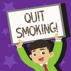 Conceptual hand writing showing Quit Smoking. Concept meaning process of discontinuing tobacco and any other smokers Young Student Raising Upward Frame Whiteboard Above his Head