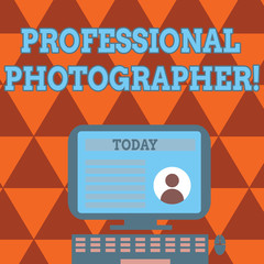 Obraz premium Conceptual hand writing showing Professional Photographer. Concept meaning demonstrating who takes photographs especially as job Computer Mounted on Stand with Online Profile Data on Screen