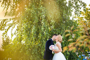 Bridal couple celebrating engagement in the park