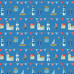 Seamless pattern with nautical theme, cute houses, lighthouses and boats for your design. Watercolor illustration. For fabric, scrapbooking, wrapping paper and more.