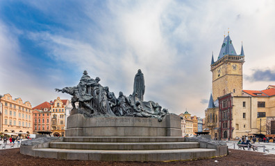 Jan Hus Monument at Old Town Square in Prague, Czech Republic. It was unveiled in 1915 to commemorate the 500th anniversary of Jan Hus' martyrdom, "Live, nation sacred in God, dont die" inscription 