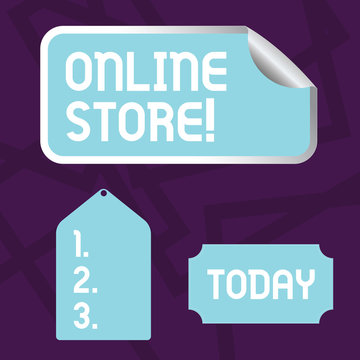 Text sign showing Online Store. Business photo showcasing website by means of which goods or services sold over Internet Blank Color Label, Self Adhesive Sticker with Border, Bended Corner and Tag