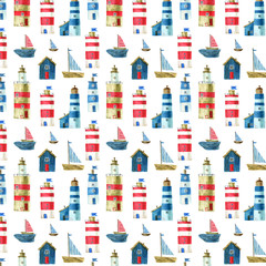 Seamless pattern with nautical theme, cute houses, lighthouses and boats for your design. Watercolor illustration. For fabric, scrapbooking, wrapping paper and more.