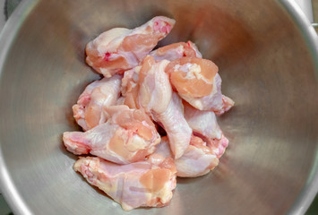Chicken Drum Sticks in a Metallic Mixing Bowl.