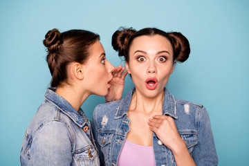 Wow. Portrait of excited funky hipsters fellows impressed by incredible unexpected news sharing...