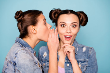 Gossip ladies. Close up photo of attractive cute millennial friends sharing mystery saying really...