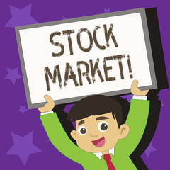 Conceptual hand writing showing Stock Market. Concept meaning collection markets exchanges where activities of buying selling Young Student Raising Upward Frame Whiteboard Above his Head