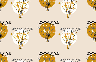 moons suns behind trees seamless pattern in gold and ivory