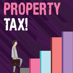 Writing note showing Property Tax. Business concept for bills levied directly on your property by government Man Carrying a Briefcase in Pensive Expression Climbing Up