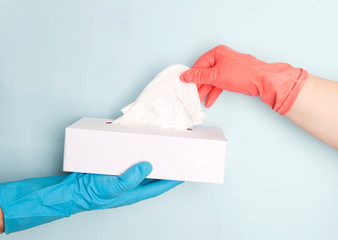 Concept of cleaning service.Cleaning team using papaer tissue to remove dirt