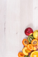 Healthy nutritious food as source natural minerals, vitamins and fiber, copy space for text on white board