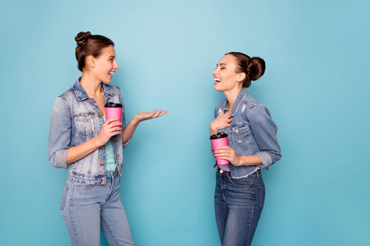 Profile side view photo of satisfied relaxing students isolated meeting speaking talking enjoying having free time dressed in denim jackets on blue background