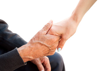 handshake of an old man with a girl on an isolated white background